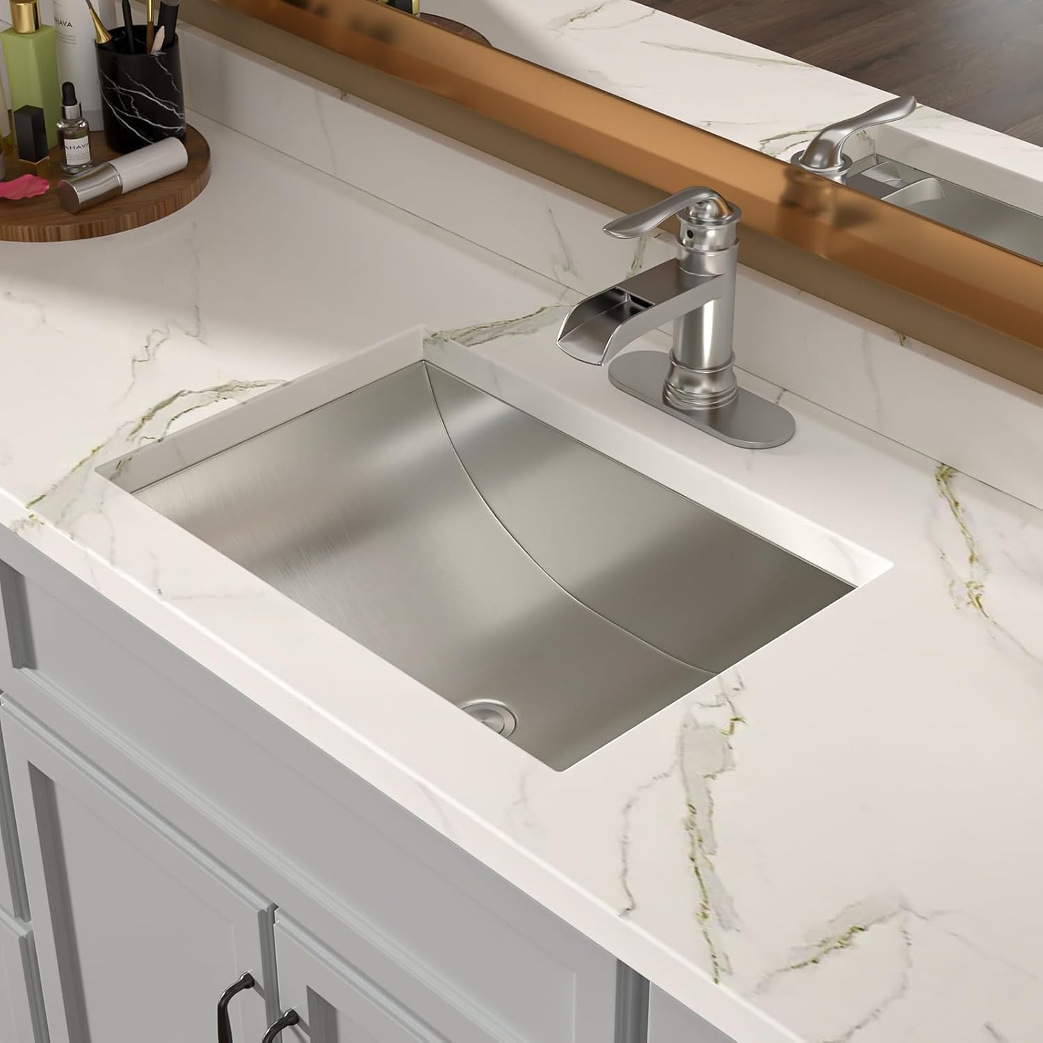 Lordear Undermount Bathroom Sink 20x14 Inch Stainless Steel Rectangular Vanity Sink Modern Lavatory Basin with Pop Up Drain Under Couter Stainless Steel Sinks Basin with Drain