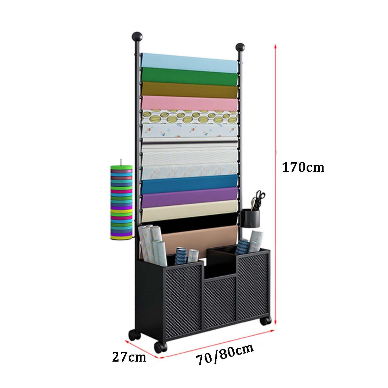 Organizador de cinta de metal para manualidades con soporte de exhibición de bufandas móvil, estante grande de papel de regalo para tienda de flores, tienda minorista, rueda universal blanca (80 x 27