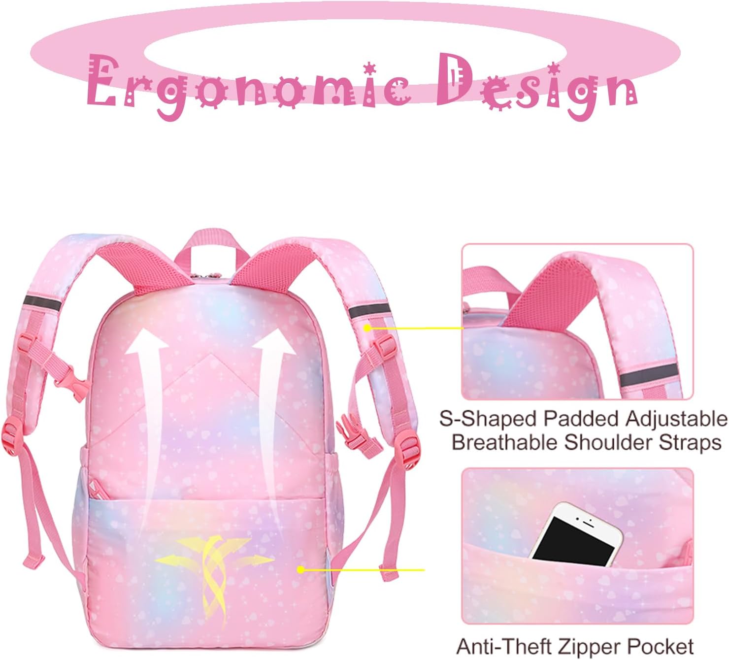 School Backpack for Girls Rainbow Cute Kids Backpack for Back to School Laptop Travel Bag With pencil Case (Pink set) - Image 9