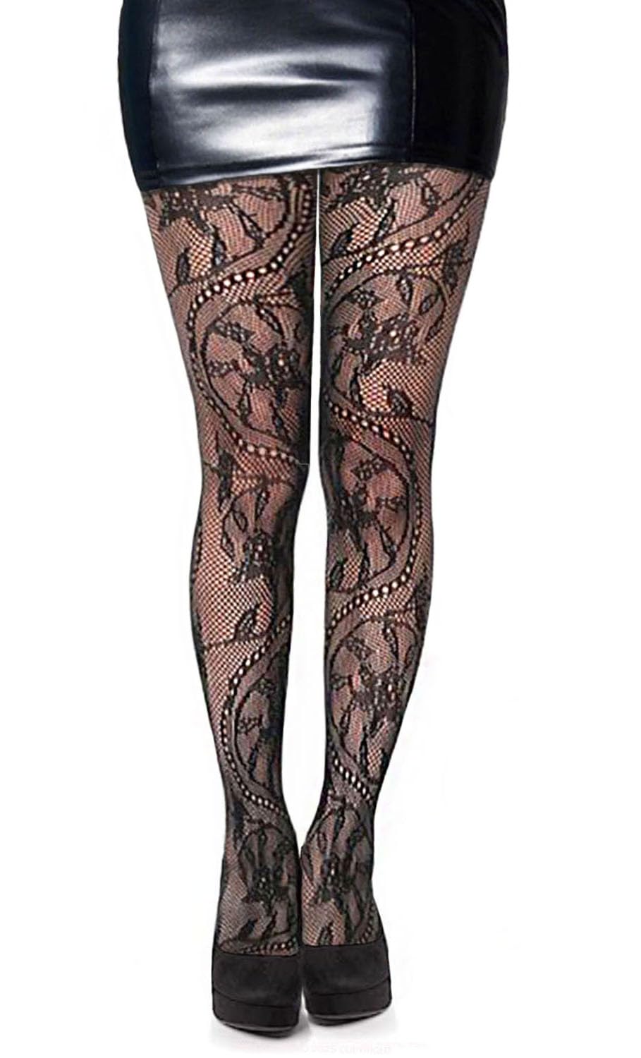Simply Joshimo Womens Patterned Black Lace Fishnet Net Tights/Fashion Pantyhose With Pattern Prints (Floral)