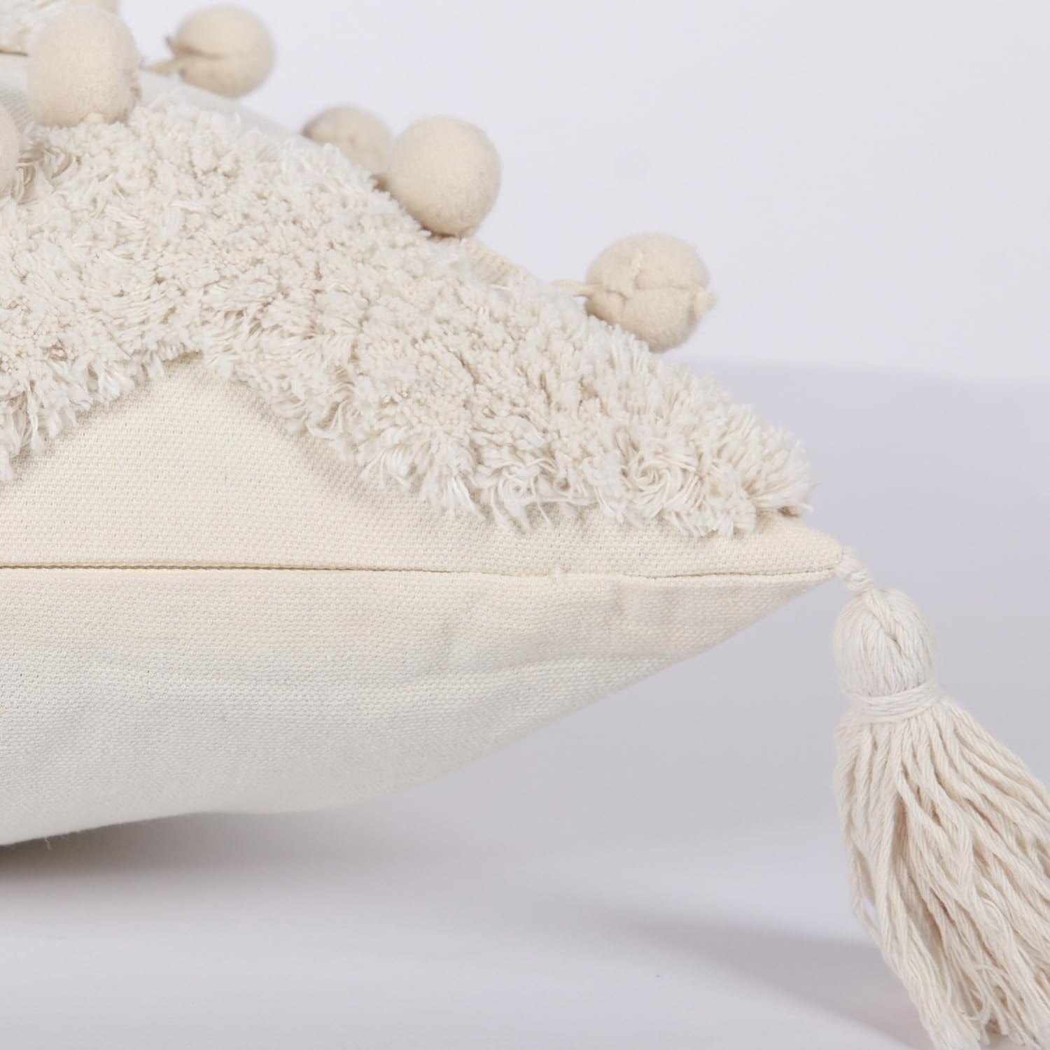 Boho Tufted Lumbar Throw Pillow Cover 12x 20 with Tassels, Pompom Diamond Farmhouse Neutral Pillow Cushion Cases, Decorative Pillows for Bed, Outdoor Couch Bedroom Car Cream