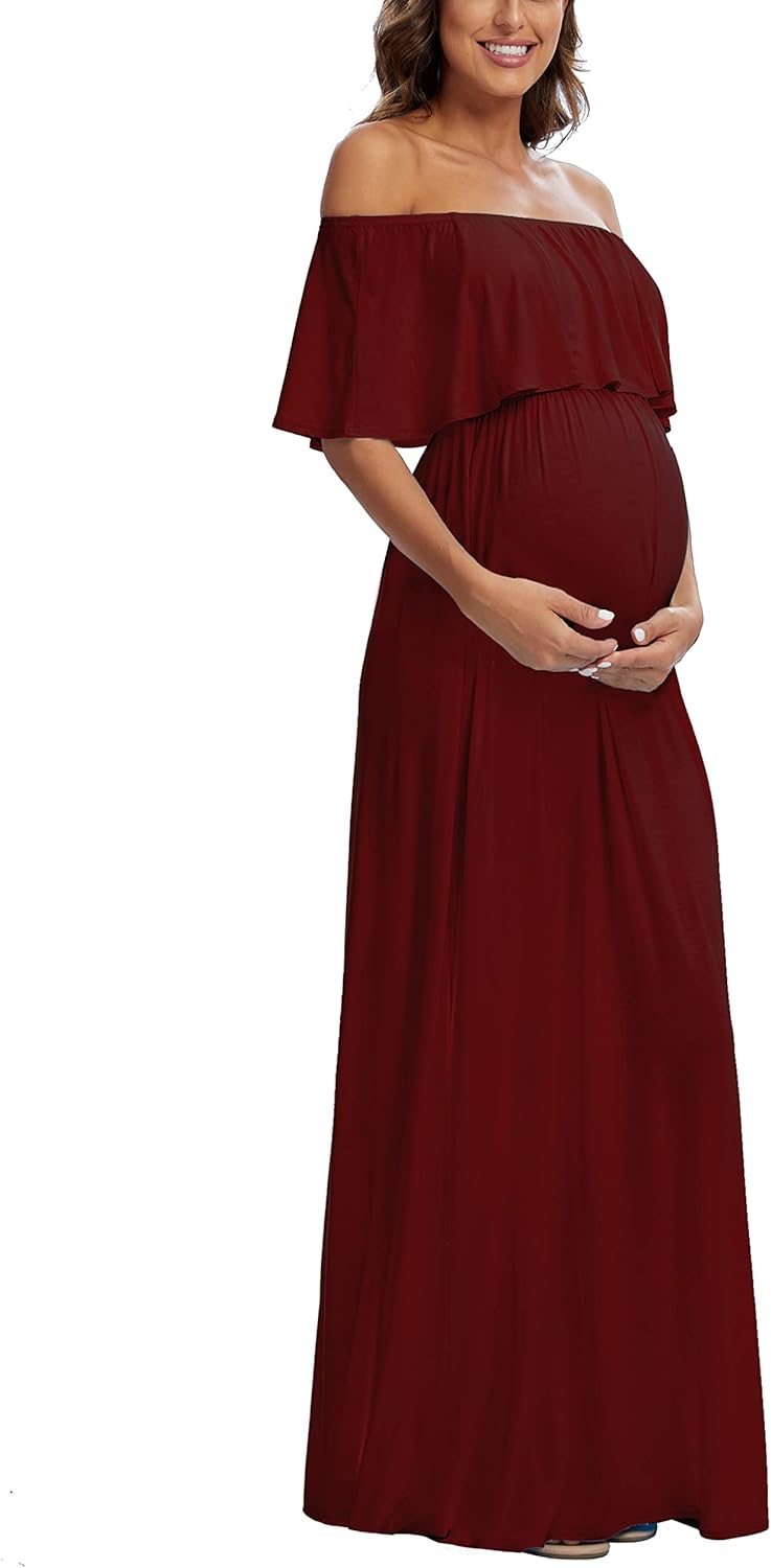 Off The Shoulder Ruffle Materntiy Maxi Dress, Long Flowy Baby Shower/Photoshoot Dress