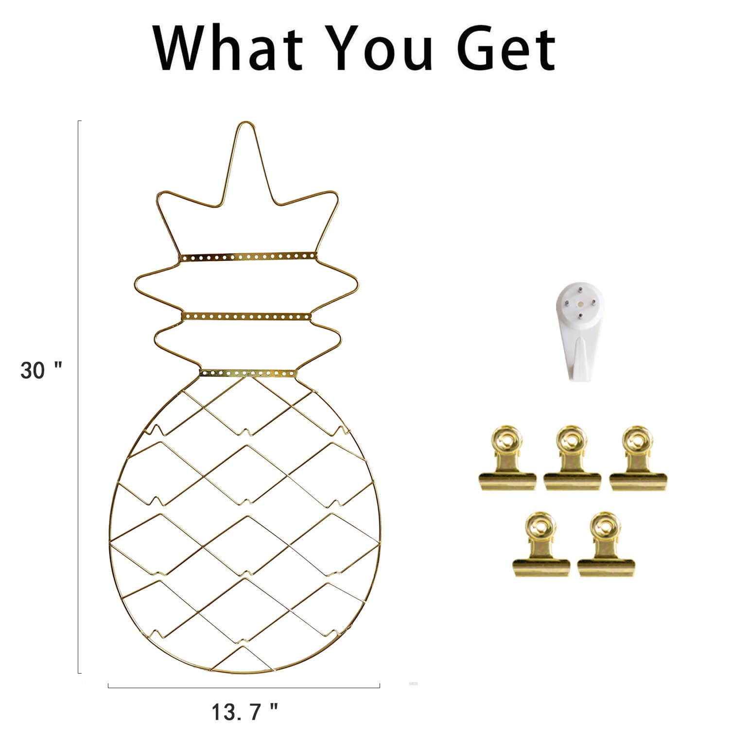 FRIADE Gold Pineapple Wall Jewelry Organizer?Necklace Holder With Hooks For Bracelets, Earrings, Rings?5 metal Clips&2 Nails Offered