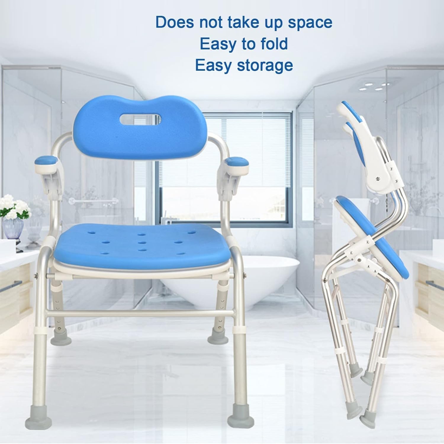 Silla de Ducha Plegable con reposabrazos y Respaldo, Silla de bañera Plegable, 5 Niveles de Altura Ajustable cojín Suave de EVA, Asiento de Ducha portátil for Personas Mayores, discapacitados
