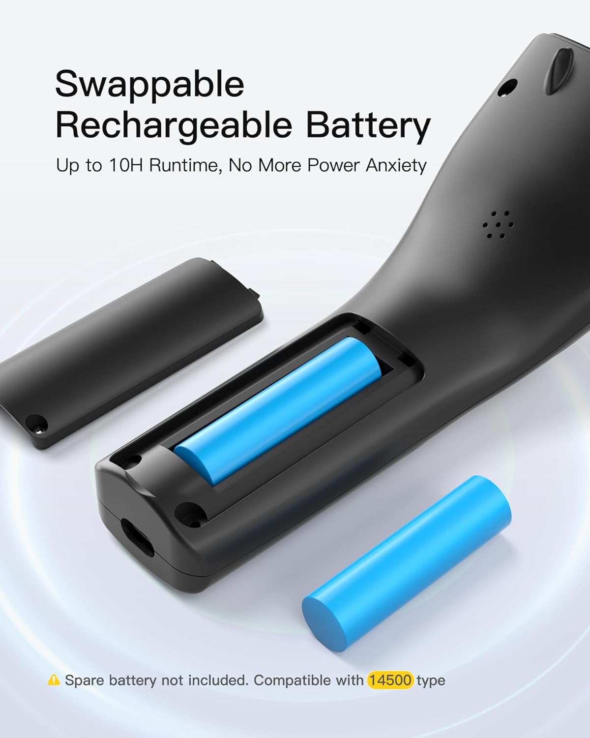Diagram illustrating the ergonomic design of the Inateck N6057-BK scanner, highlighting its 108g ultra-lightweight build, contoured grip, and dual support points for stability.