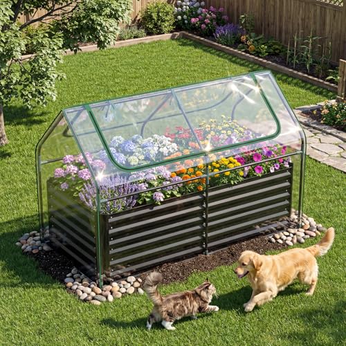 MAT EXPERT Raised Garden Bed with Cover, Mini Greenhouse Metal Planter Box w/PVC Cover, Roll-Up Windows & Mesh Screens, Outdoor Planter Box Kit for Vegetables, Flowers, Herbs (Black, 72” x 36” x 48”)