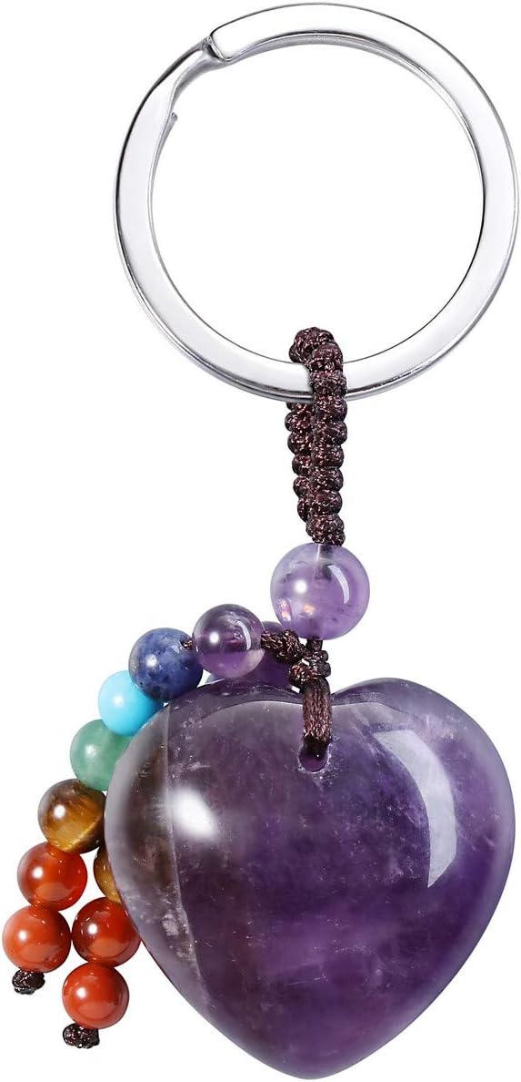 CrystalTears Amethyst Crystal Stone Keychain Natural Chakra Healing Quartz Crystal Gemstone Heart Car Keyring for Women Girls Mum Bag Charm Decor Gift for Christmas Mother’s Day Birthday