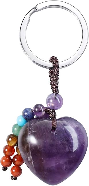 CrystalTears Amethyst Crystal Keyring Keychain Natural Chakra Healing Quartz Crystal Gemstone Heart Pendant Car Key ring Bag Charms for Women Girls Bag Decor Christmas Gift