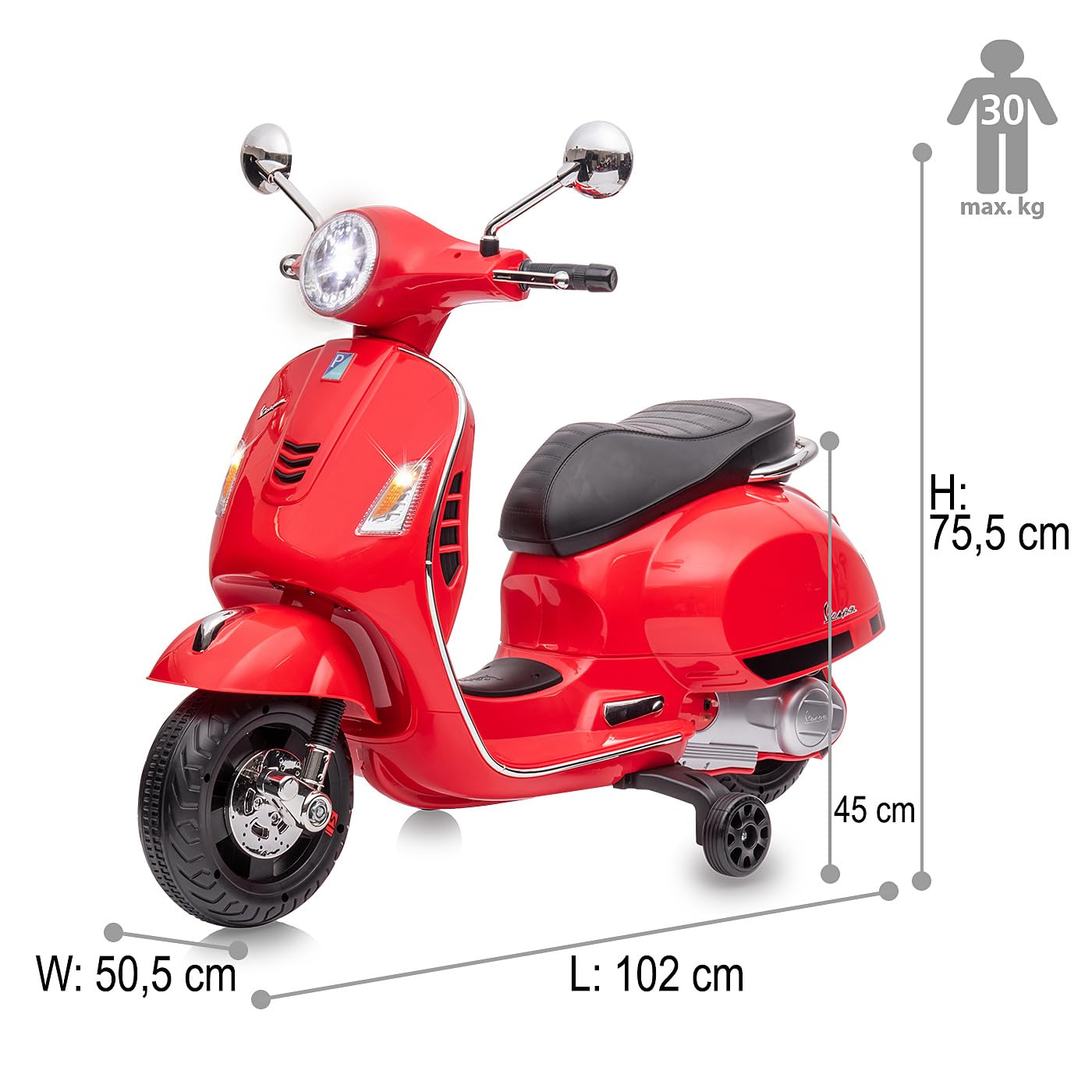 JAMARA 461837 Ride-on Vespa GTS 125 Li-Power Voiture électrique pour Enfants à partir de 3 Ans, idée Cadeau pour garçons et Filles, Roues stabilisatrices, lumière LED