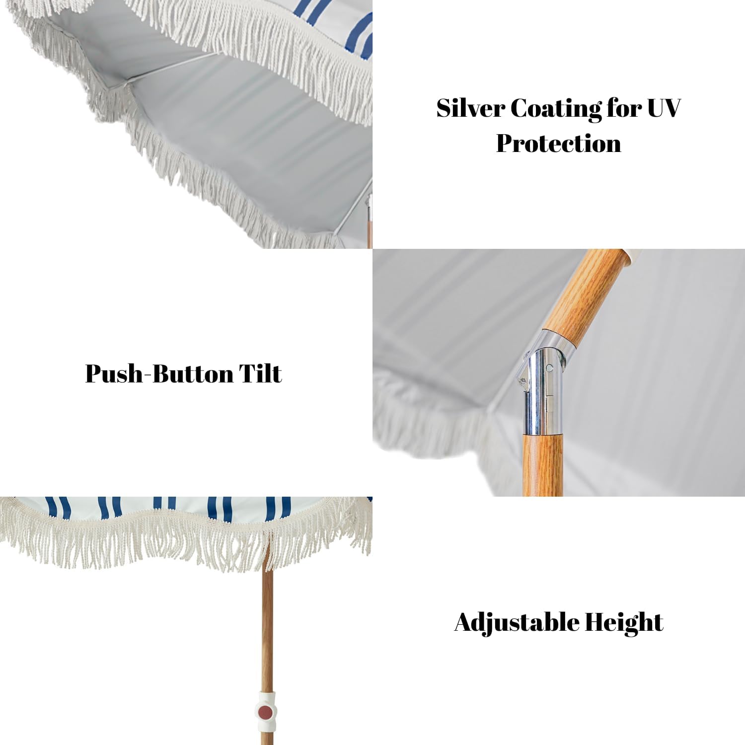 6.5FT Striped Beach Umbrella with Fringe, UPF 50  Sun Protection with Silver Coating, Adjustable Height and Tilt Design, Wind-Resistant Fiberglass Ribs, Wood Grain Iron Pole, Lightweight Design with Portable Carry Bag, Base Not Included