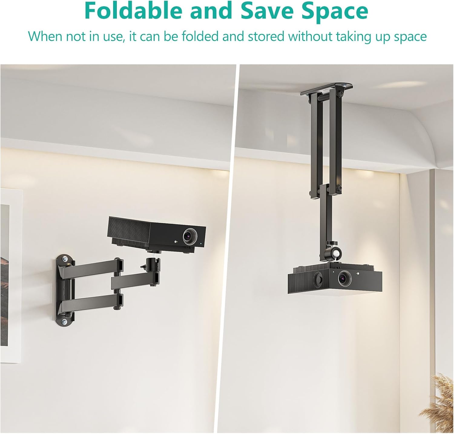 Two images showing the projector mount in folded wall and ceiling configurations