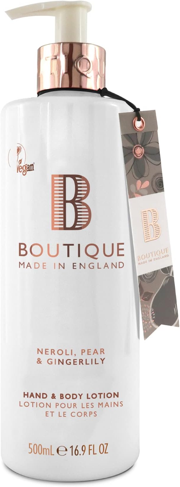 Boutique Neroli, Pear & Gingerlily Fragrance Hand & Body Lotion 500ml – Vegan Body Moisturiser with Essential Oils, Made in England – Lightly Scented Refreshing Hand & Body Care