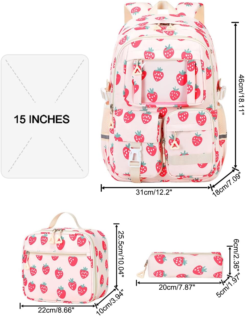 JiaYou Girls Dopamine Color Backpack Casual Daypack fit for School travel outdoor activities(Strawberry-3Pcs,25 Liters) - Image 2