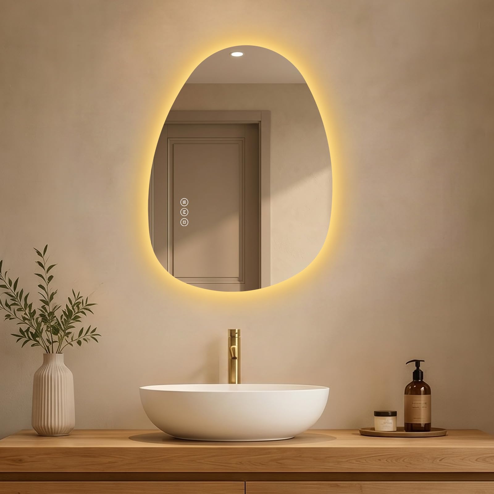 S'AFIELINA Espejo Baño con Luz LED Asimétrico e Irregular 60x45 cm | Espejos de Baño con LED Retroiluminado, Antivaho, Botón Táctil, Regulable, 3 Tonos de Luz, Montaje Horizontal o Vertical