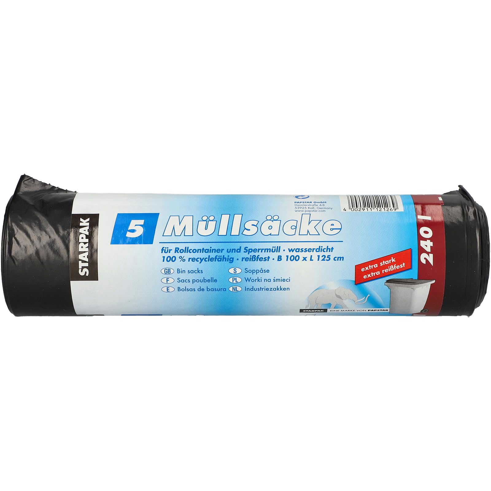 Papstar 1 Karton = 9x5 Müllsäcke, LDPE 240 l 125 cm x 100 cm schwarz 12126