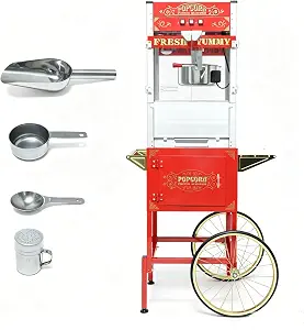 Popcorn Machine with Cart, 20 Oz Kettle, Vintage Popcorn Maker with Storage Cabinet, Scoop, Oil Spoon & 3-Switch Control, Movie Theater Style Popper for Commercial & Home Use, Red