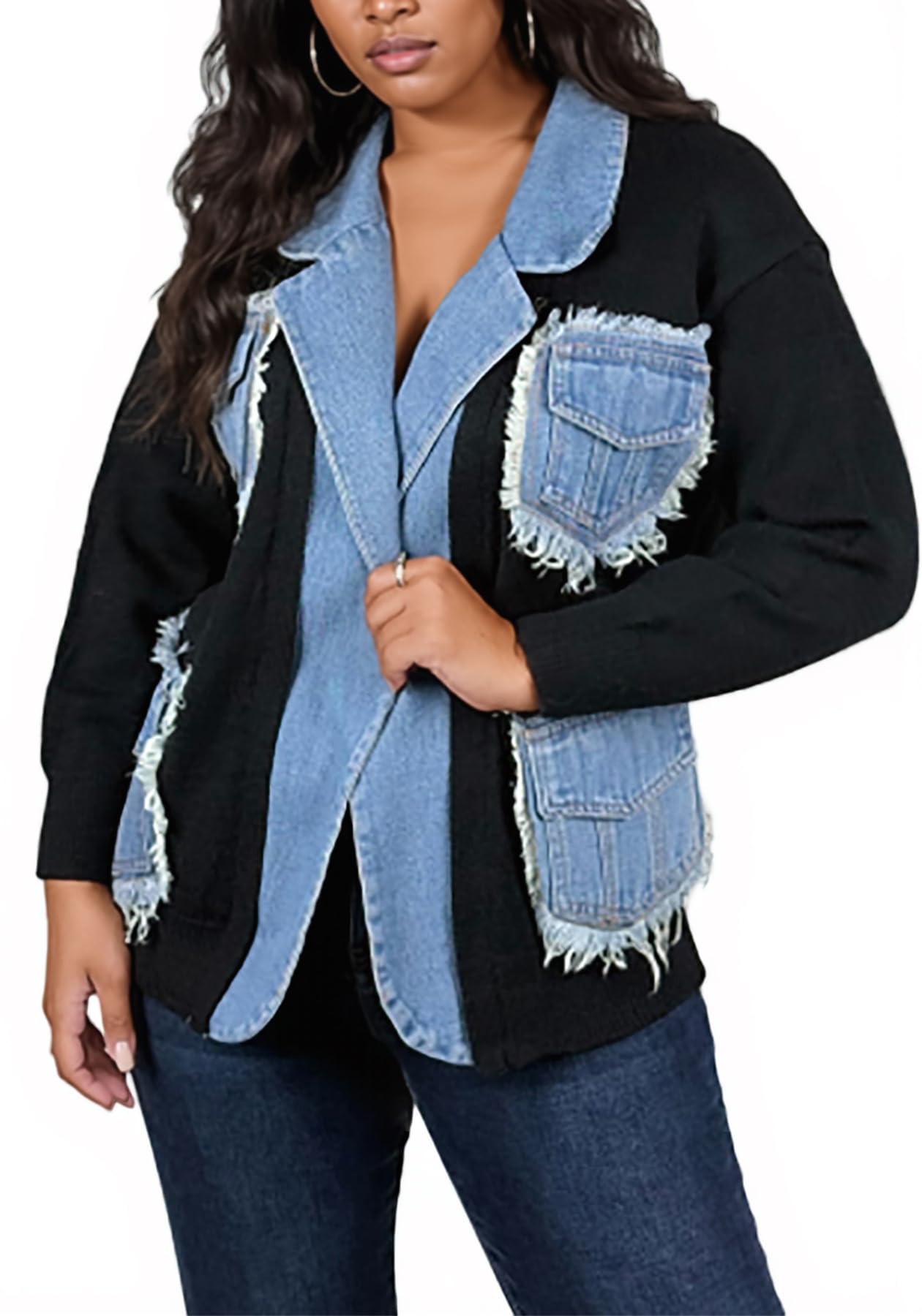 Tbahhir Womens Denim Patchwork Sweater Cardigan Open Front Chunky Knit Outwear Casual Jacket Coat with Pockets