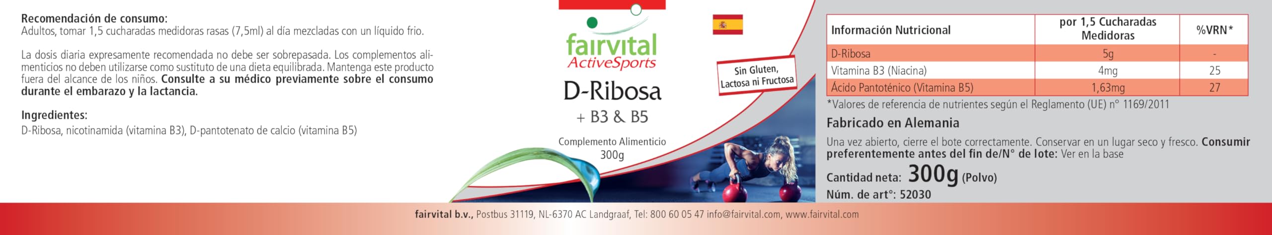 fairvital D-ribose en poudre, avec vitamine B3 (niacine) et B5 (acide pantothénique), Active Sports, VÉGÉTALIEN, 300 g
