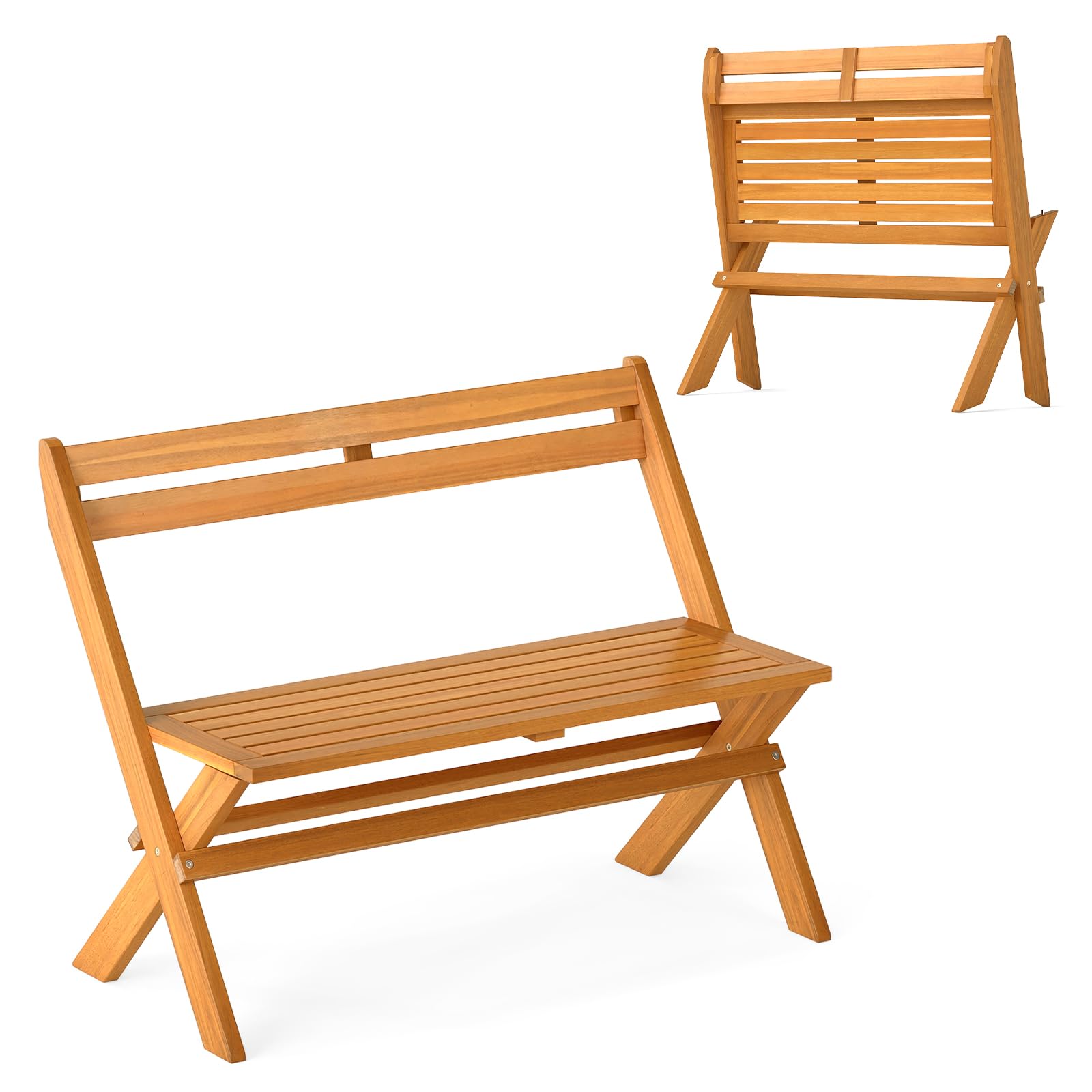 COSTWAY Panchina Pieghevole da Esterno, Panca da Giardino in Legno di Acacia per 2 Persone con Capacità di 360 kg, Panca da Esterno per Veranda, Balcone, Cortile e Parco