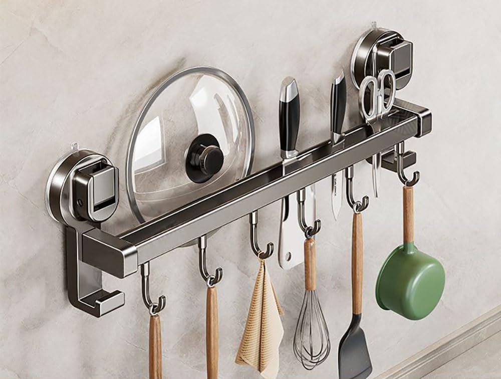 LNGFSH Colgador Utensilios Cocina Ventosa Aluminio Utensilios de Cocina Barra Cocina Colgar Utensilios Colgador de Pared para Utensilios de Cocina (con 6 Ganchos)