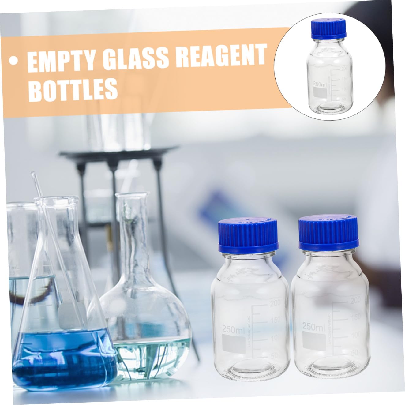 Confezione 4 Pezzi Bottiglie di Reagente Graduata in Vetro Trasparente con Tappo a Vite Blu Capacità 250ml Resistenti a Urti e Usura per Laboratorio e Aula