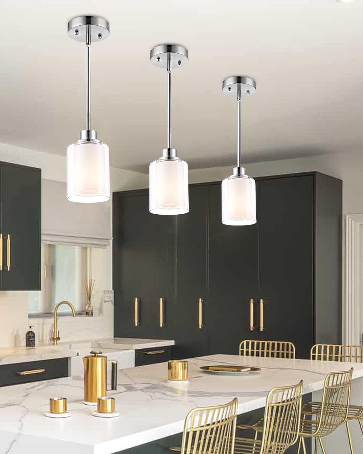 1-Light Mini Pendant Light Fixtures, 2-Pack Modern Hanging Ceiling Light, Adjustable Height, Brushed Nickel Pendant Lighting with Dual Glass for Kitchen Hallway