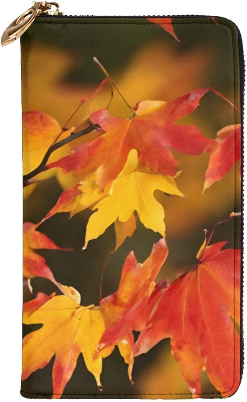 Stylish Red Maple Leaves Long Leather Wallet Purse With Zipper â€“ Coin Purse Clutch Bag, Credit Card Phone Wallet For Women And Men, Casual Travel Large Capacity