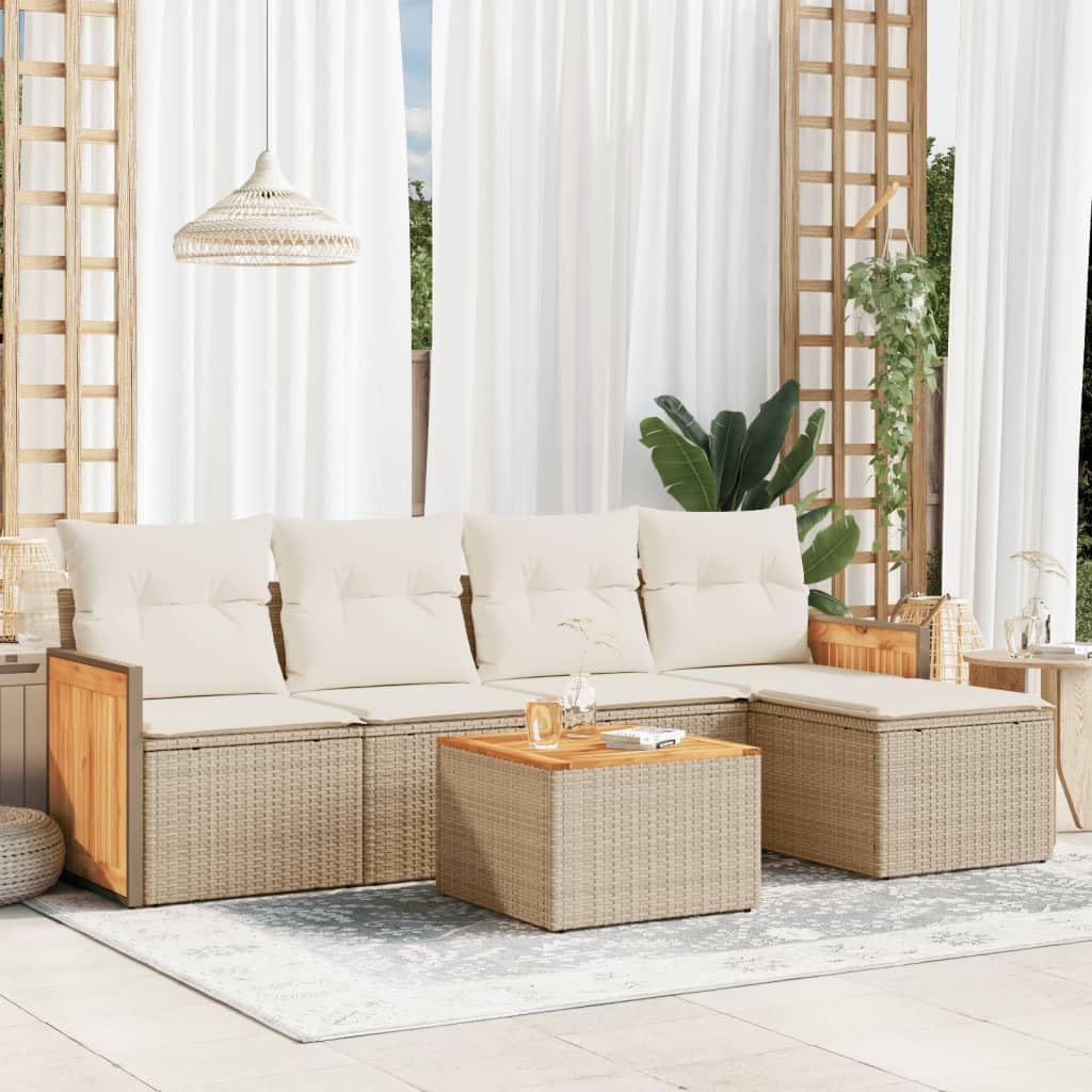 6 Piece Garden Sofa Set in Beige, Modern Outdoor Furniture with Modular Design, UV-Resistant Poly Rattan and Acacia Wood Tabletop, Weather-Resistant