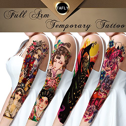 TAFLY Extra Large Full Arm Temporary Tattoos-Flowers,Peking Opera,Peacock for Women 4 Sheets