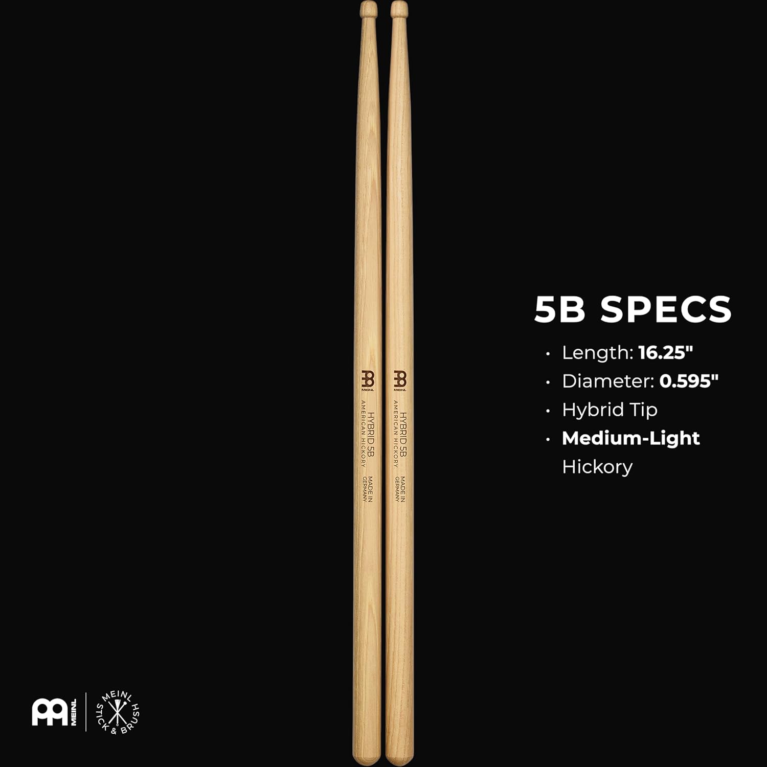 Meinl Stick & Brush Drumsticks, Hybrid 5B Half Brick (6 Pairs, 5 Plus 1 Free) -American Hickory with Acorn/Barrel Shape Wood Tip-Made in Germany (SB107-6)