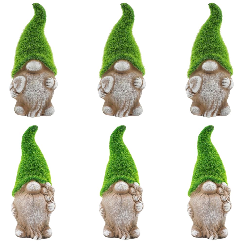 Set of 6 Flock Grass Garden Gonk Gnomes – 7"/18cm Ceramic Outdoor Ornaments with Green Flocked Hats & Spades – Cute Stone Effect Decorative Statues for Garden, Patio, Balcony, or Home Décor