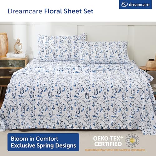 Image of DREAMCARE Full Size Sheets - Cooling Sheets - 4pcs Set - up to 15 inch Deep Pocket Full Sheet Set - Sheets Full Size Bed - Soft & Long Lasting 100% Fine Brushed Polyester with Side Pocket Floral Blue