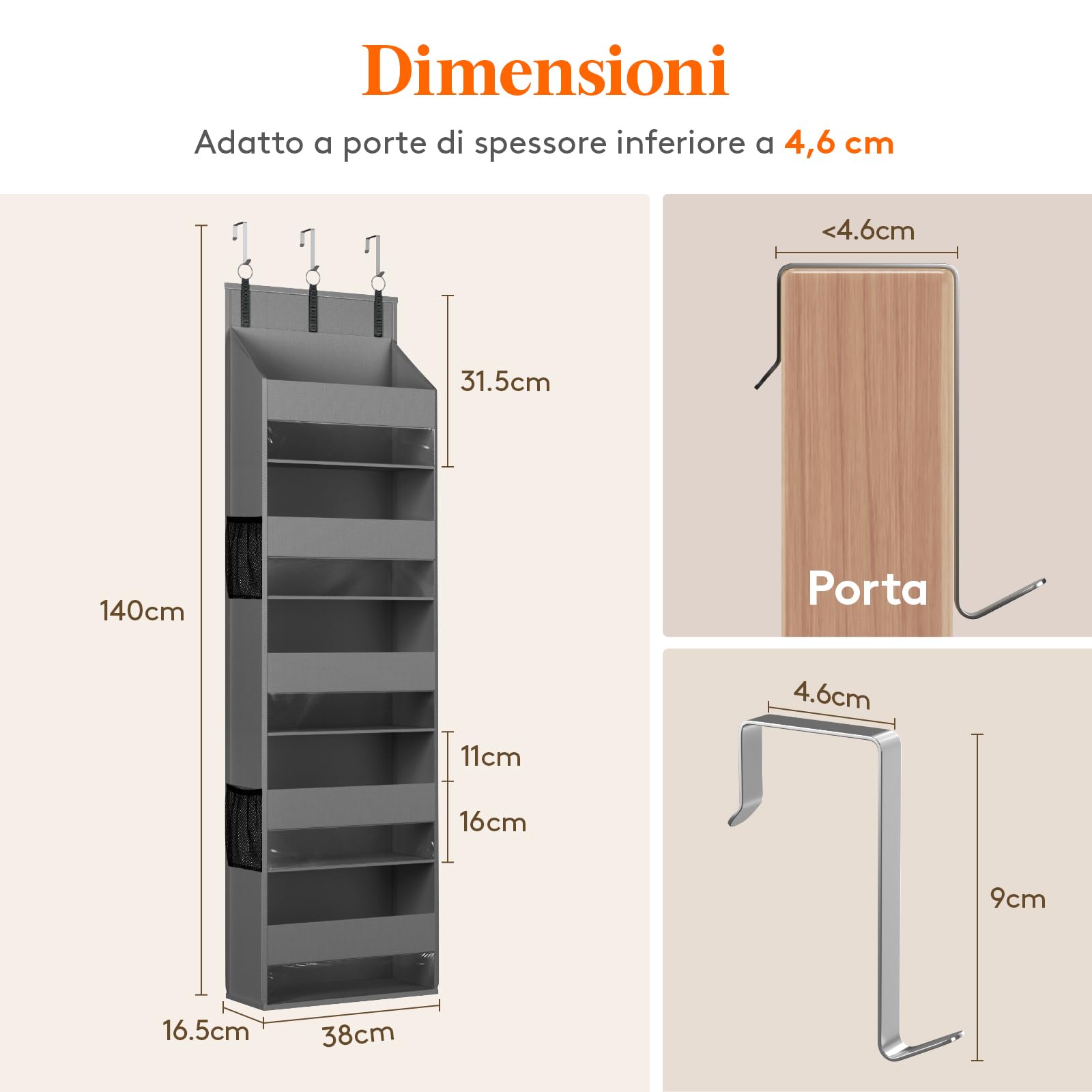 Lifewit Portaoggetti da Appendere con 4 Tasche Laterali e 2 Ganci, Organizer Appendere, Capacità 18 kg (40 lbs), Mensole Porta per Camera da Letto, Bagno, 5 Ripiani, 5 Scomparti, Grigio