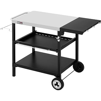 Royal Gourmet Outdoor Barbecue Table 3-Tier Serving Trolley with 100 x 50 cm Table Top Side Table Grill Storage Table with Folding Side Shelf Garden Trolley with Push-Pull Shelf