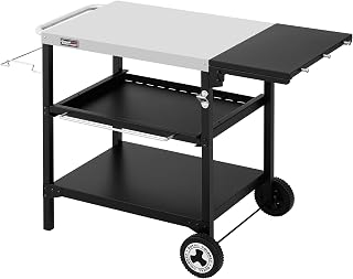 Royal Gourmet Outdoor Grilltisch, 3-Etagen Servierwagen mit 70 x 50 cm Edelstahl Tischplatte und 30 x 50 cm klappbarer Seitenablage, Beistelltisch Grillablagetisch Garten Trolley mit Push-Pull Regal