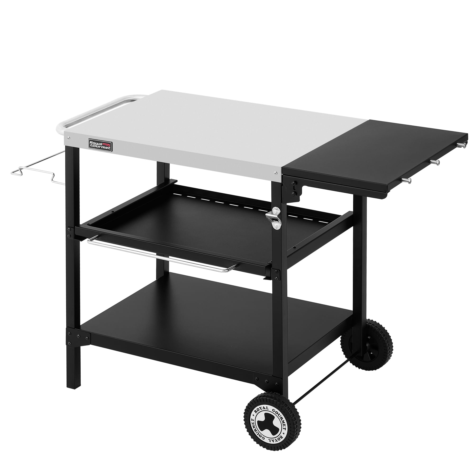 Royal Gourmet Outdoor Grilltisch, 3-Etagen Servierwagen mit 70 x 50 cm Edelstahl Tischplatte und 30 x 50 cm klappbarer Seitenablage, Beistelltisch Grillablagetisch Garten Trolley mit Push-Pull Regal