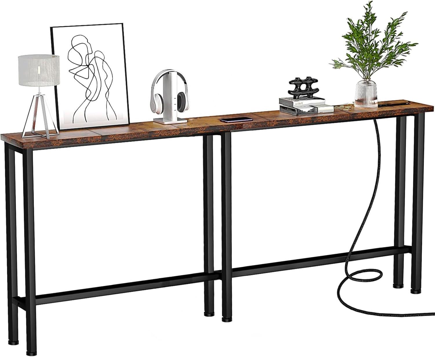 63" Sofa Table Narrow Long - 2 Power Outlets & 4 USB Ports, Metal Frame,Behind Couch Table Behind Sofa for Living Room, Hallway, Entrance- Easy Assembly, 4.9' Extension Cord Included.
