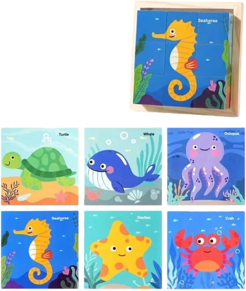 Cube Puzzle, 3D Puzzle, Wooden Building Blocks, Sea Animal, 9 Pieces, Educational Toys, For Kids, 6 Types of Sea Animals, Crabs, Turtles, Whales, Sea Octopus, Starfish, Seahorse Shapes, Wooden Toys,