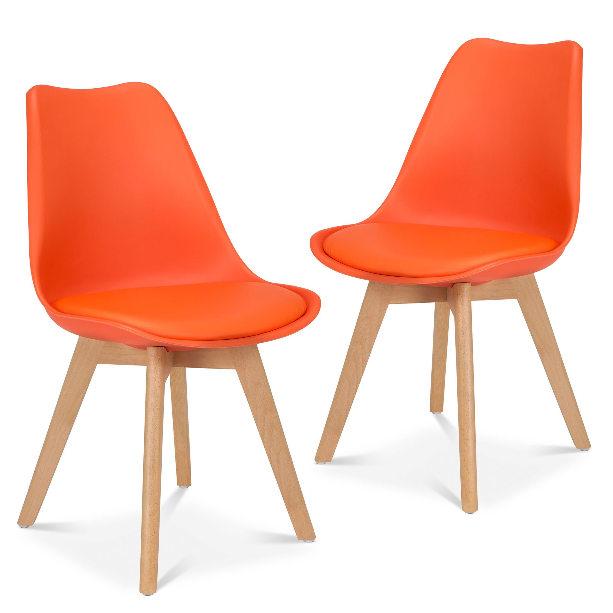 Bravich Rocco Dining Chairs Set of 2 with Cushion Pad Seat, Orange Plastic Kitchen Chairs with Wooden Legs, Modern Accent Chairs for Dining Room, Bedroom and Dressing Table
