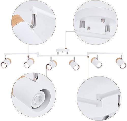 Miniatura 5 de TeHenoo Luz de pista de 6 luces, brazos flexibles, focos de rotación de 350 con pantalla de metal y madera natural para sala de estar, comedor,