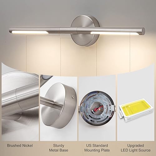 Vista 5 de Lámpara de baño de níquel cepillado sobre espejo de 23.6 pulgadas, 18 W, 360, giratoria, regulable, 4000 K, barra de luz LED de tocador, luces