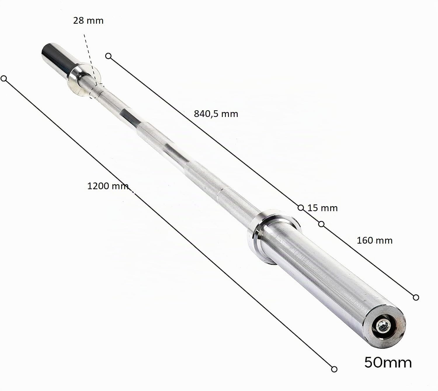Grupo Contact - Barra Olimpica de 120 cm, 50 mm de Diametro, Superficie para Colocación de Discos, Resistencia y Duración. Acero Macizo Cromado. Tolerancia 400 Kg. Uso Profesional y Particular