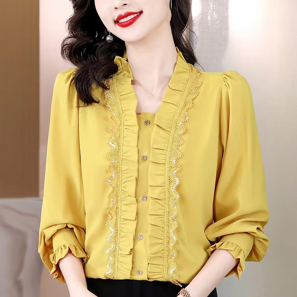 Women's Elegant Shirt Lace Folds Top Blouse Long Sleeve Office Lady Clothes