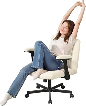 Cross Legged Office Chair with Wheels, Wide Seat Armless Desk Chair with Flip Up Armrests, Ergonomic Computer Task Chair with Thick Cushion for Home Office Makeup and Bedroom Black White