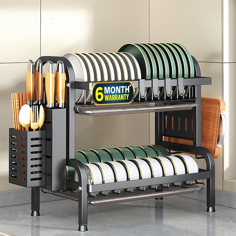 IBELL Carbon Steel DR242 Dish Drying Rack, 2-Tier Bartan Stand/Drainer Shelf/Kitchen Organizer/Counter for Utensils Storage (Black), 42x24x40 cm
