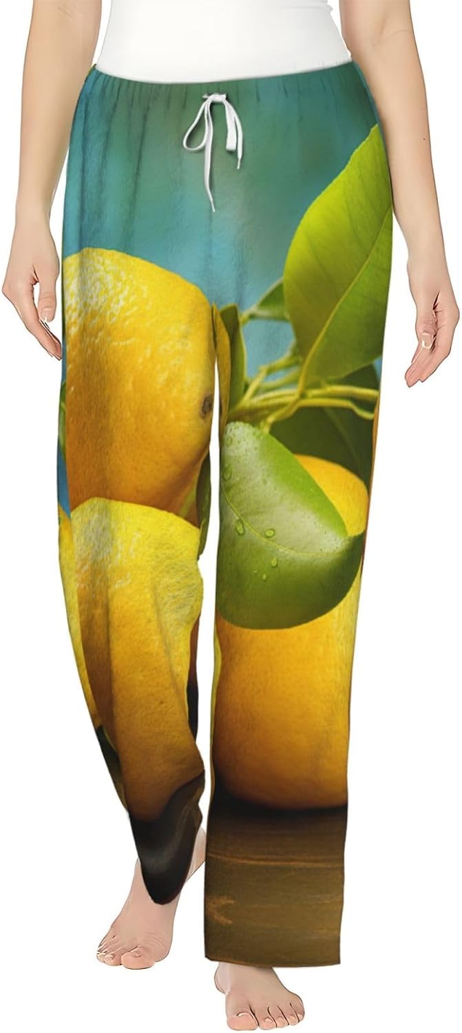 Yellow Fresh Lemons Print Fashion Cozy Womens Flannel Pajama Pants,Perfect For Christmas And Everyday Wear