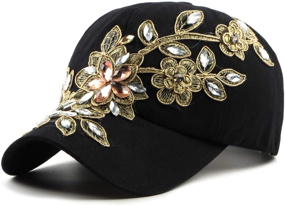 Gudessly Bling Women Baseball Cap Flower Snapback Rhinestone Sun Hats Adjustable Denim Jeans Hat