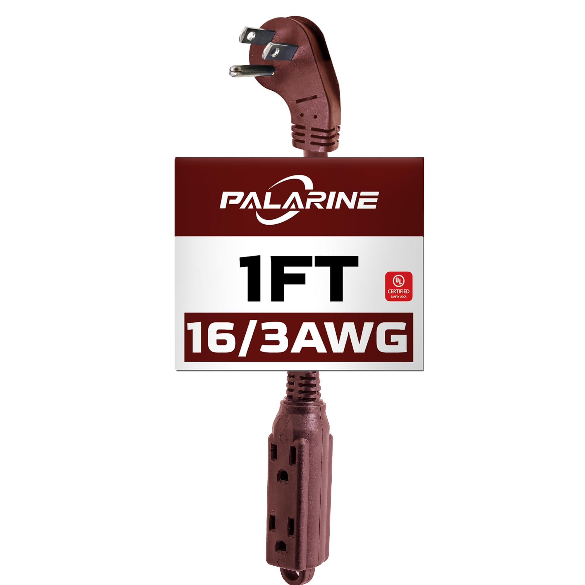 PALARINE Indoor Extension Cord Power Strip 3 Outlets Flat Plug, UL Listed, 16 Gauge 1 ft Brown 3 Prong Heavy Duty, 16/3 SJTW 13A Outlet Extender