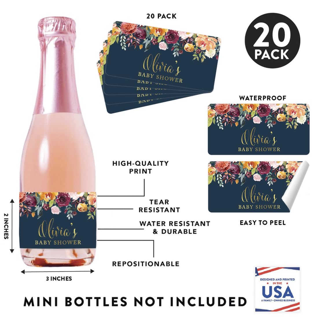 Andaz Press Personalized Mini Champagne Wine Bottle Labels, Olivia's Baby Shower, Date, Fall Autumn Burgundy Navy Blue Floral Roses, 20-Pack, Custom Mini Champagne Favor Gift Stickers for Baby Shower