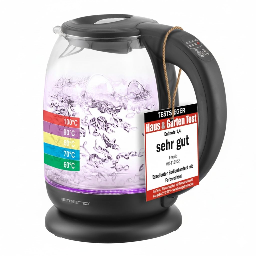 EMERIO Wasserkocher | TESTSIEGER Haus & Garten Test 02/2019 | aus hochwertigem Borosilikatglas | mit Temperaturwahl (60-70-80-90-100°C) | AutoOff & Trockengehschutz & Warmhaltung | 2200W | WK-119255.5